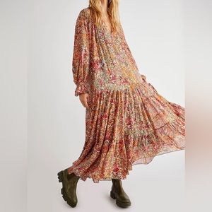 Free People Feeling Groovy maxi dress XS bohemian emerald floral print